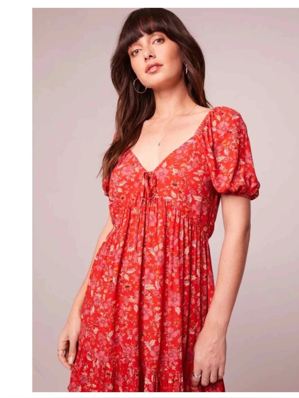 Band Of The Free Desiree Red Floral Puff Sleeve Boho Mini Dress Size XS